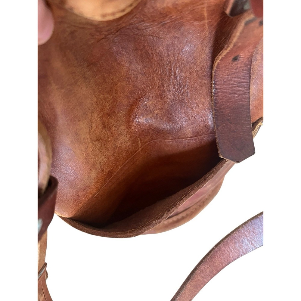 Vintage Genuine Leather Bucket Bag Distressed Leather Drawstring Front Pockets - Picture 13 of 16